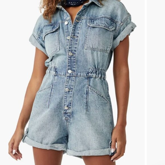 We The Free Marci Cotton Denim Short Sleeve Button-Front Romper – Size L - Picture 1 of 11